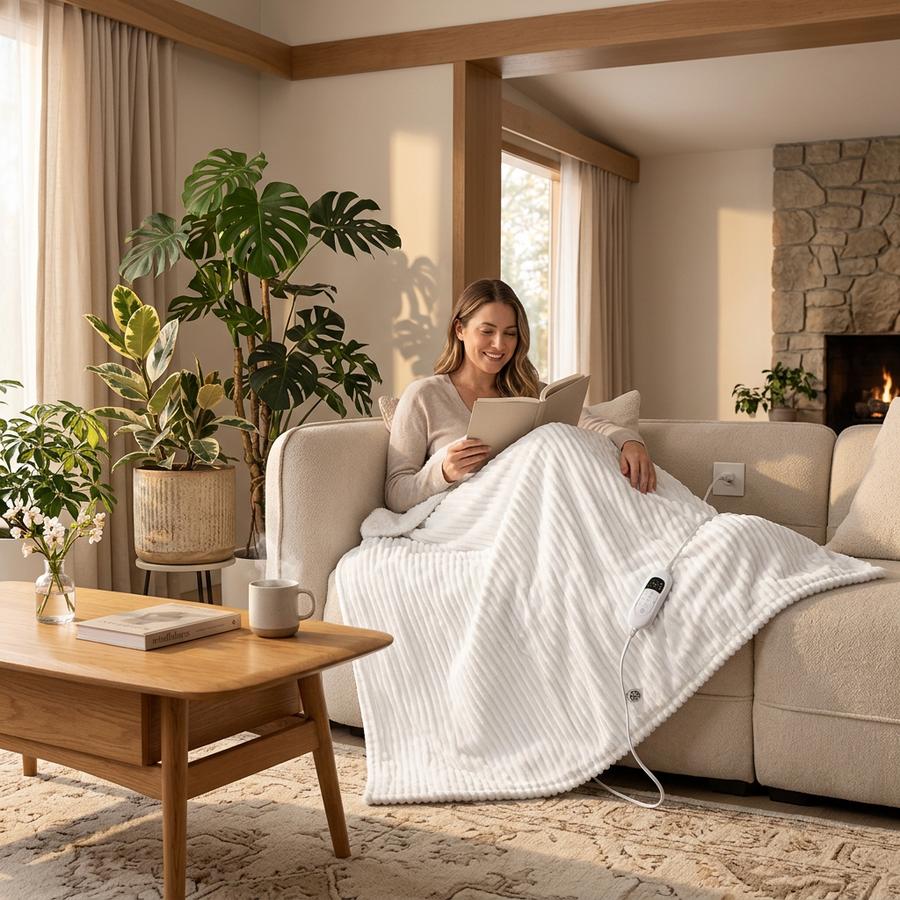Reaks heated throw blanket on couch