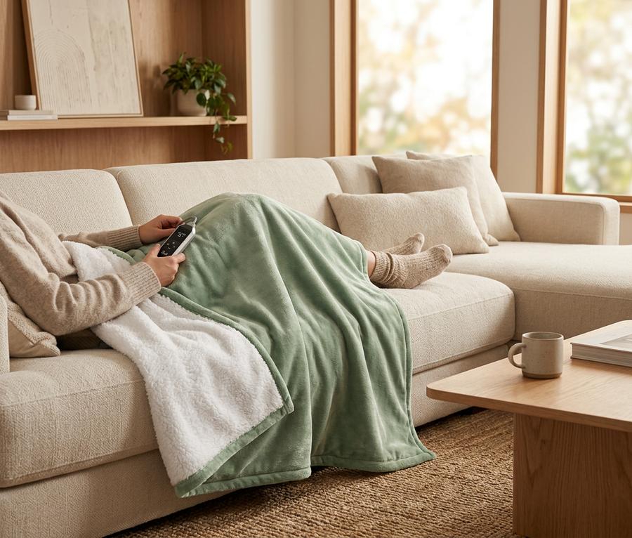 Reaks green heated throw on armchair